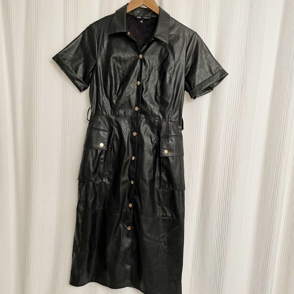 Zara Faux Leather Snap Front Dress Black - Picture 8 of 10